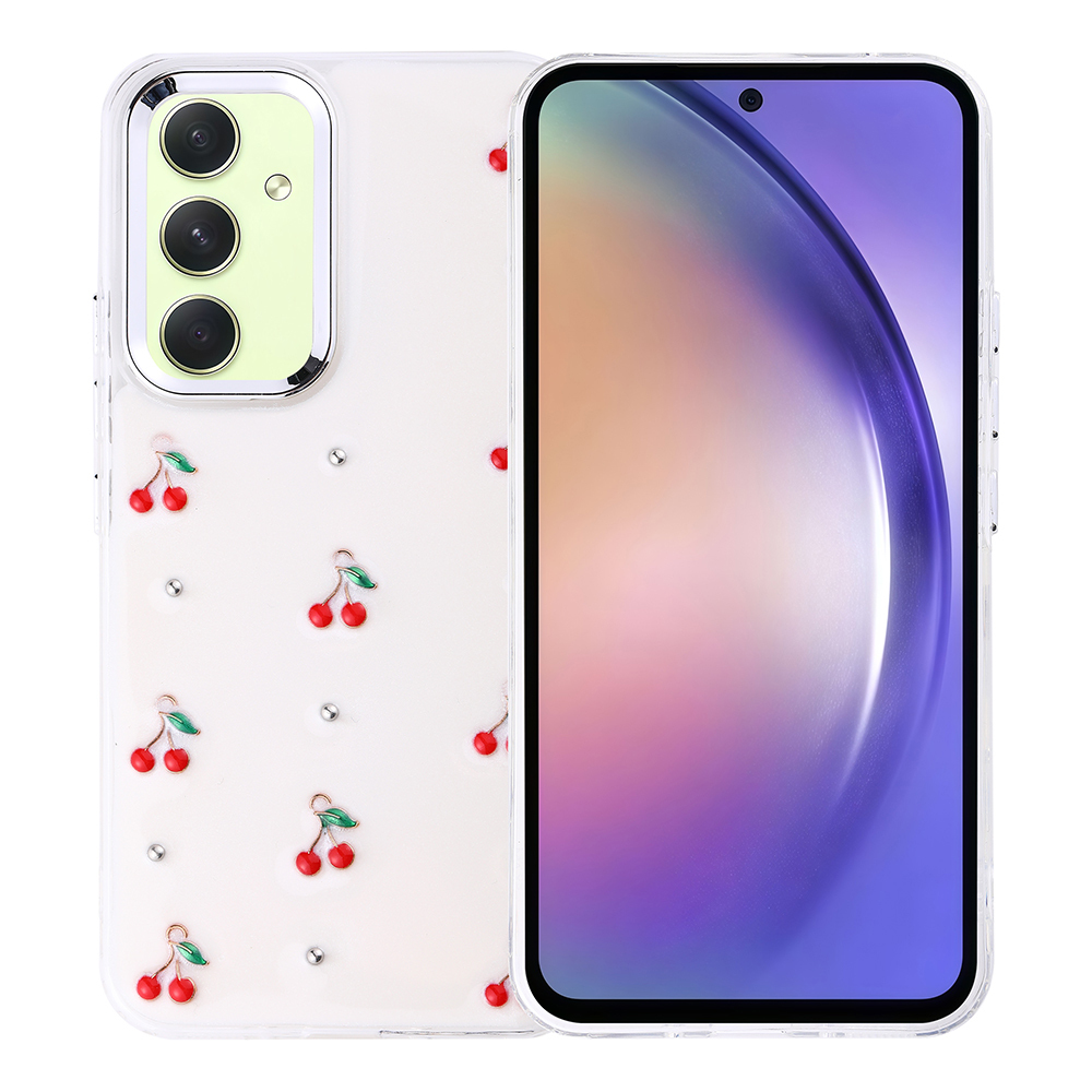 Kırmızı kiraz ve yeşil yaprak desenli şeffaf bir telefon kılıfı. İçinde bir akıllı telefon var. Telefonun mor ve beyaz gradyanlı bir ekranı var.