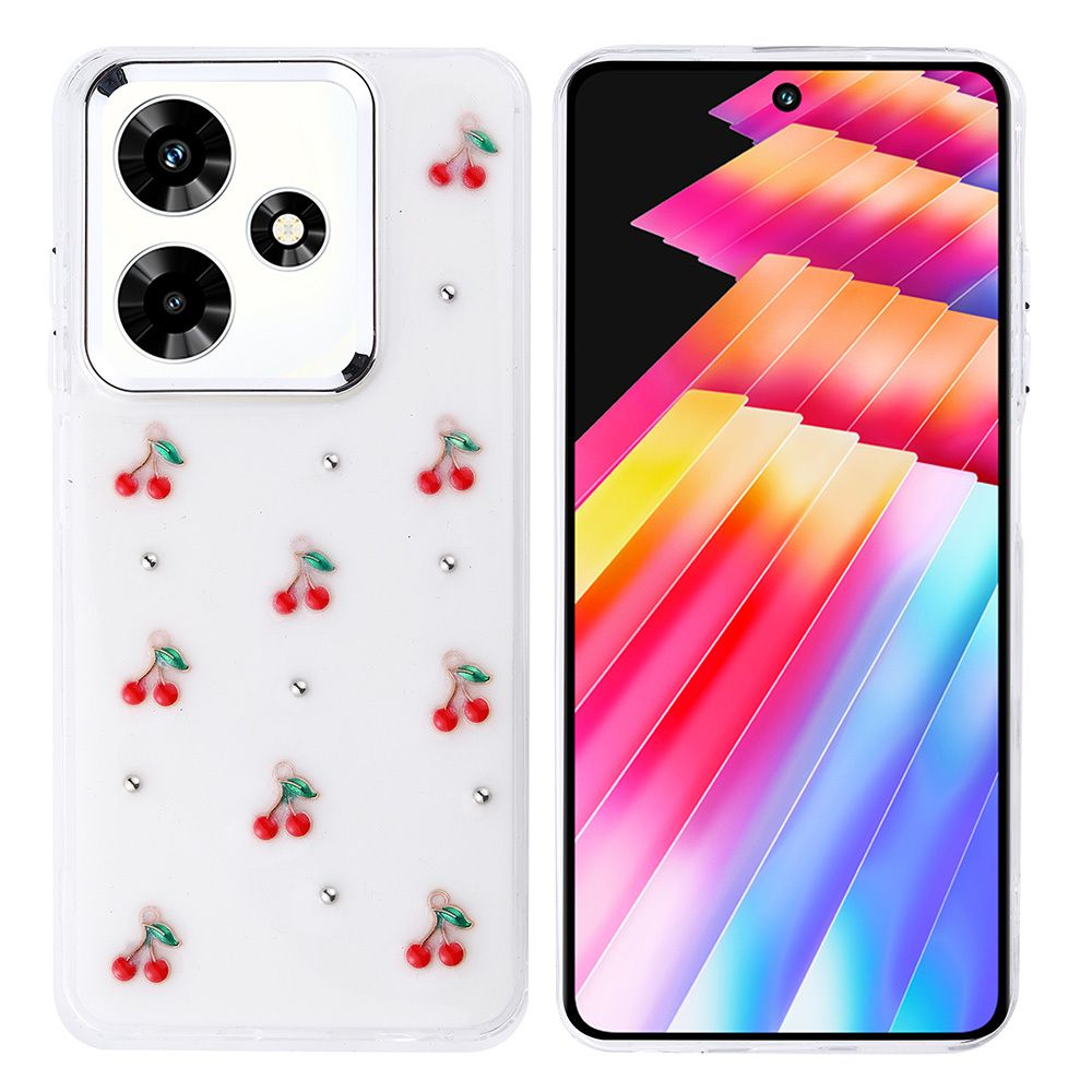 Beyaz kılıflı bir telefon. Kılıfın kiraz desenleri var. Telefon ekranı renkli grafikler görüntülüyor.