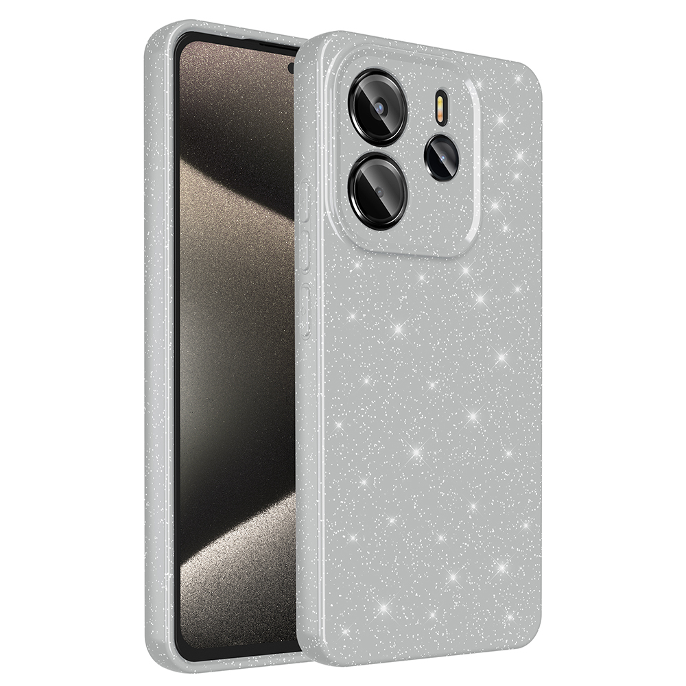 Simli gri bir telefon kılıfı, telefon ekranı ile. Kılıfın kamera kesikleri ve parlak bir yüzeyi var.