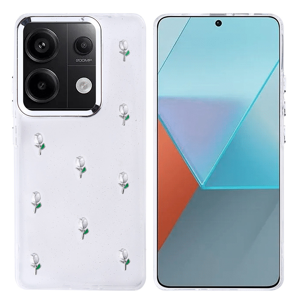 İki akıllı telefon. Biri beyaz bir kılıf ve çiçek deseniyle. Diğerinde geometrik şekillerle bir ekran var. Her ikisi de yan yana.