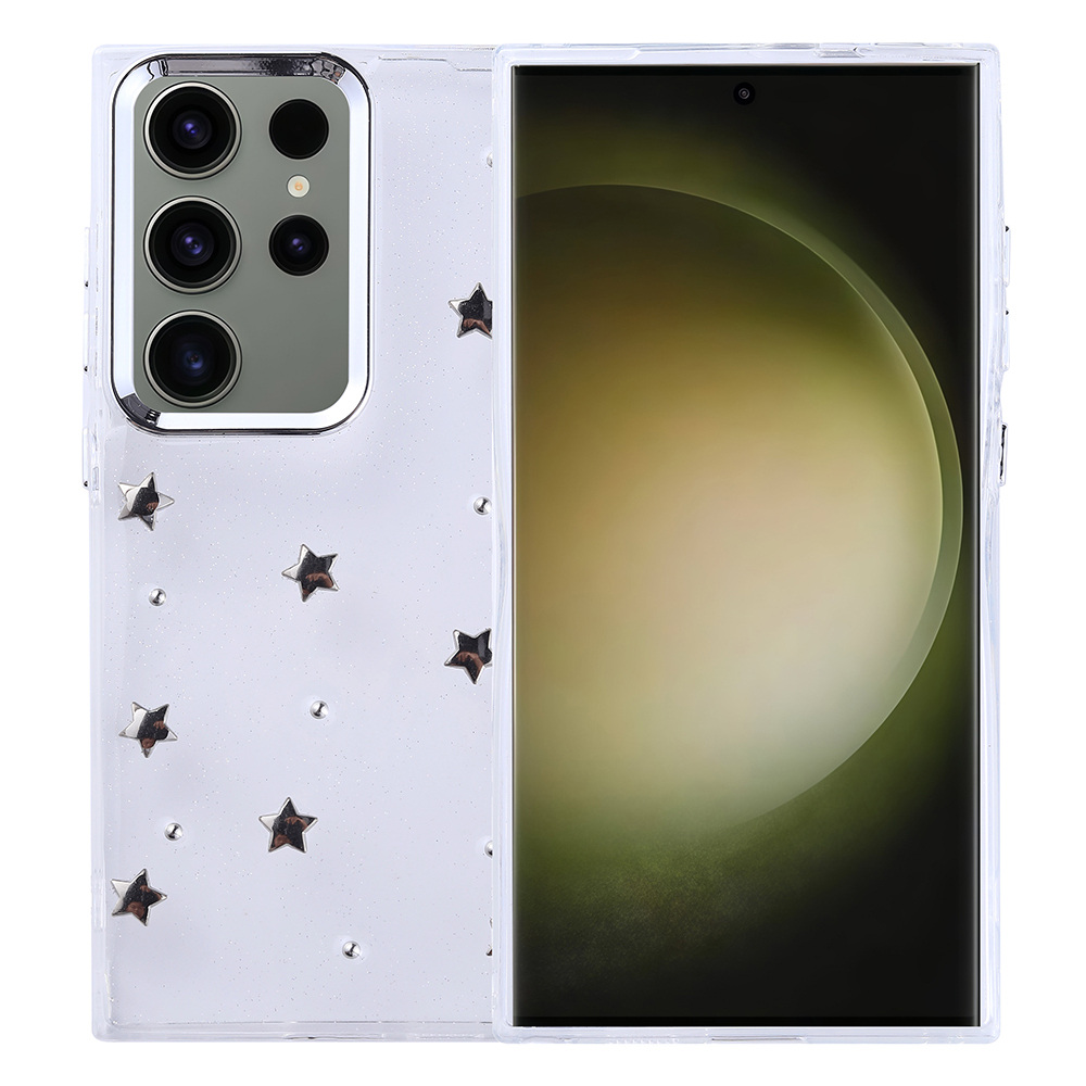 Yıldız ve nokta tasarımlı şeffaf telefon kılıfı. Telefon, açık yeşil ve sarı bir ekran gösteriyor.