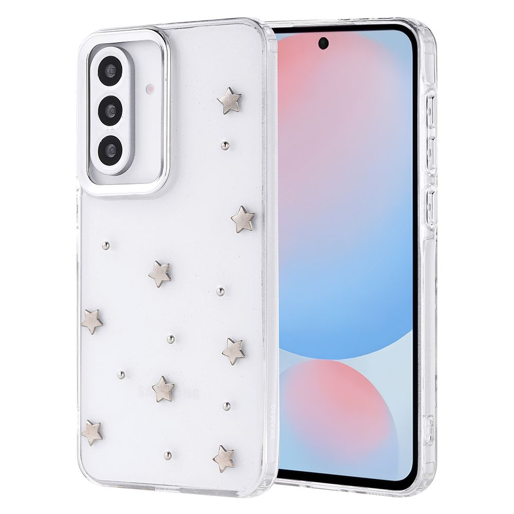 Yıldız ve nokta desenli şeffaf bir telefon kılıfı. İçindeki telefonun ekranı mavi ve beyaz gradyanlı.