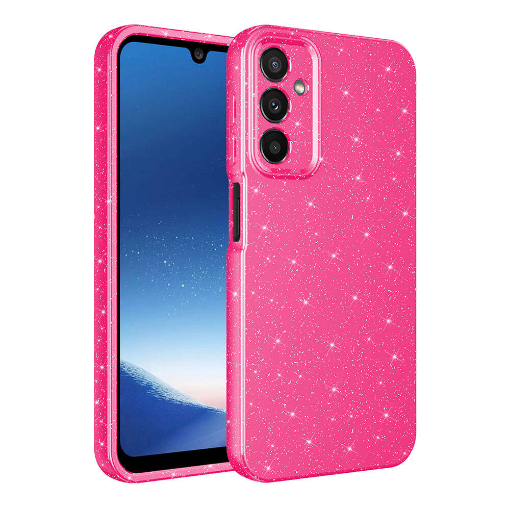 İçinde telefon bulunan, ışıltılı pembe bir telefon kılıfı. Telefonun siyah bir ekranı var. Kılıfın üç kamera kesimi var.