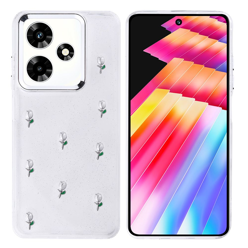 Küçük gümüş çiçeklerle süslenmiş şeffaf bir kılıfa sahip bir telefon. Ekran, renkli soyut bir tasarım gösteriyor.