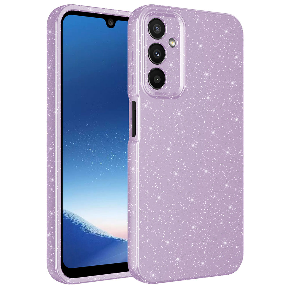 Simli bir leylak rengi telefon kılıfı bir akıllı telefona takılıdır. Telefonun siyah bir ekranı ve ön kamerası var.