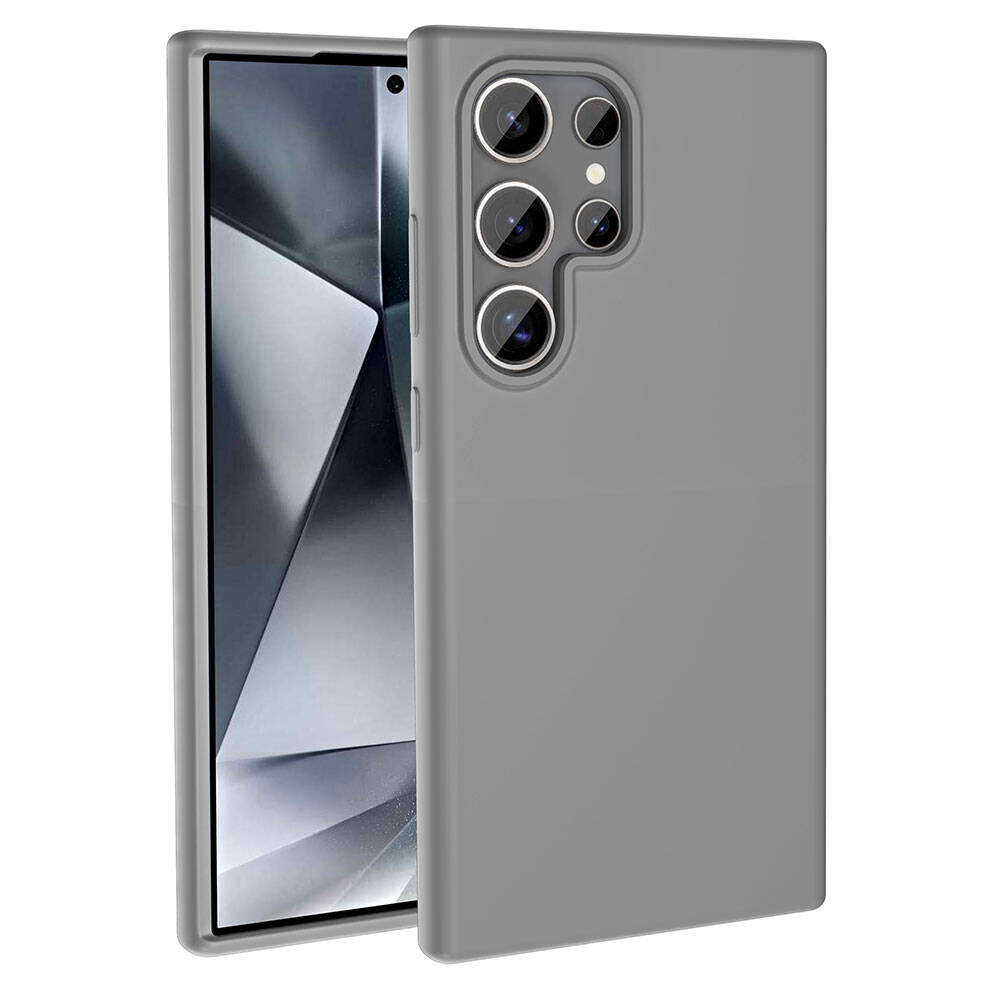 Bir telefonda gri bir telefon kılıfı. Telefonun büyük bir ekranı ve birden fazla kamera lensi var. Kılıf, arka ve yanları kaplar.