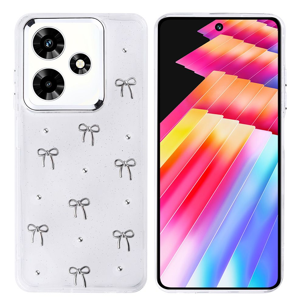 Yay ve mücevherlerle süslenmiş şeffaf kılıflı bir akıllı telefon. Ekran renkli soyut sanat sergiliyor. Kılıf ışıltılı.
