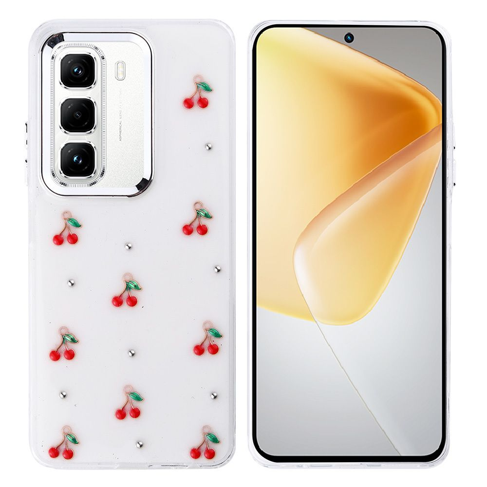 Kiraz ve yapay elmaslı bir telefon kılıfı. Telefonun ekranında sarı renk gösteriliyor. Kirazlı beyaz kılıf.