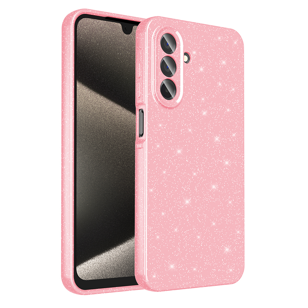 Siyah ekranlı, pembe simli telefon kılıfı. Üç kamera deliği vardır. Kılıf açılı olarak gösterilmektedir.