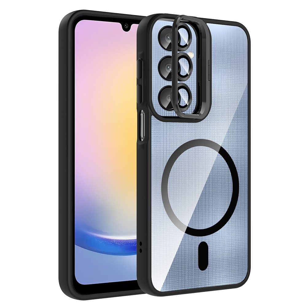 Ein Smartphone in einer schwarzen und transparenten Hülle. Die Hülle hat einen Kameraausschnitt und ein kreisförmiges Magnetdesign.