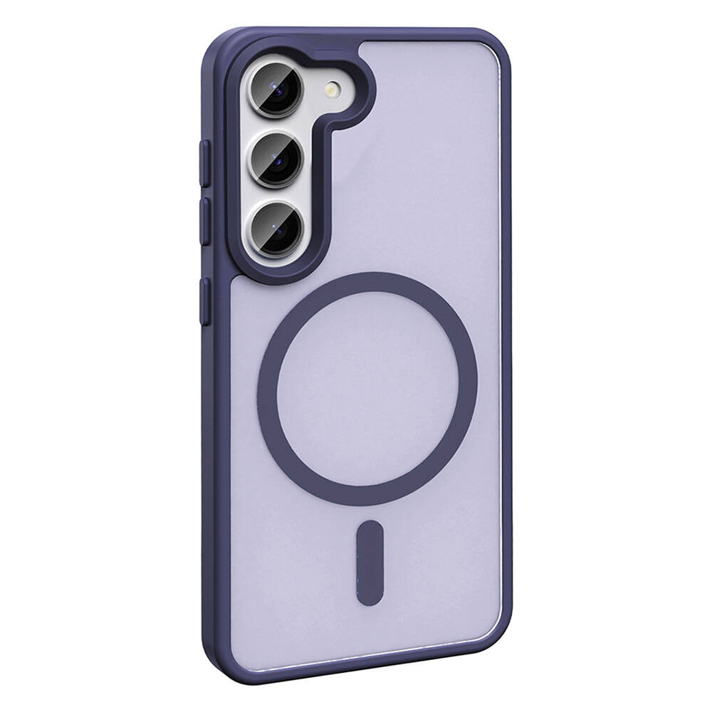 Koyu mavi çerçeveli ve mor arka yüzeyli bir telefon kılıfı. Kamera açıklıkları ve arkada manyetik bir daire bulunur.