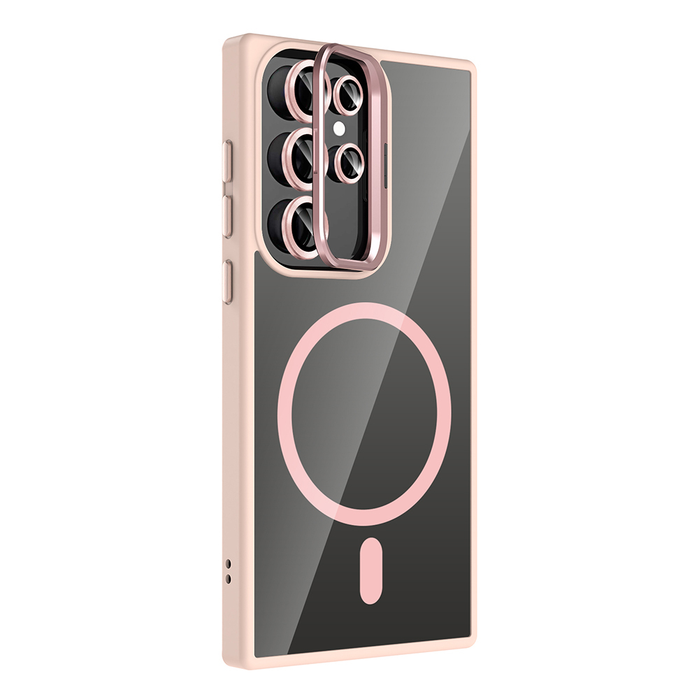 Şeffaf arka yüzeye sahip pembe bir telefon kılıfı. Üzerinde bir daire ve bir eksi işareti var. Kamera alanında pembe bir çerçeve var.