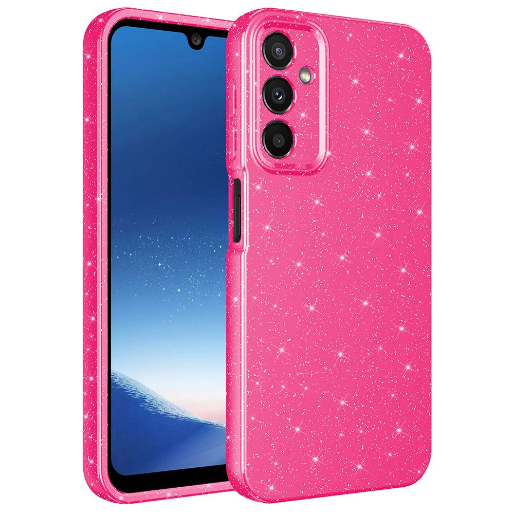 Pembe parıltılı telefon kılıfı ve telefon. Telefonun siyah ekranı var. Kılıfın kamera açıklıkları var.