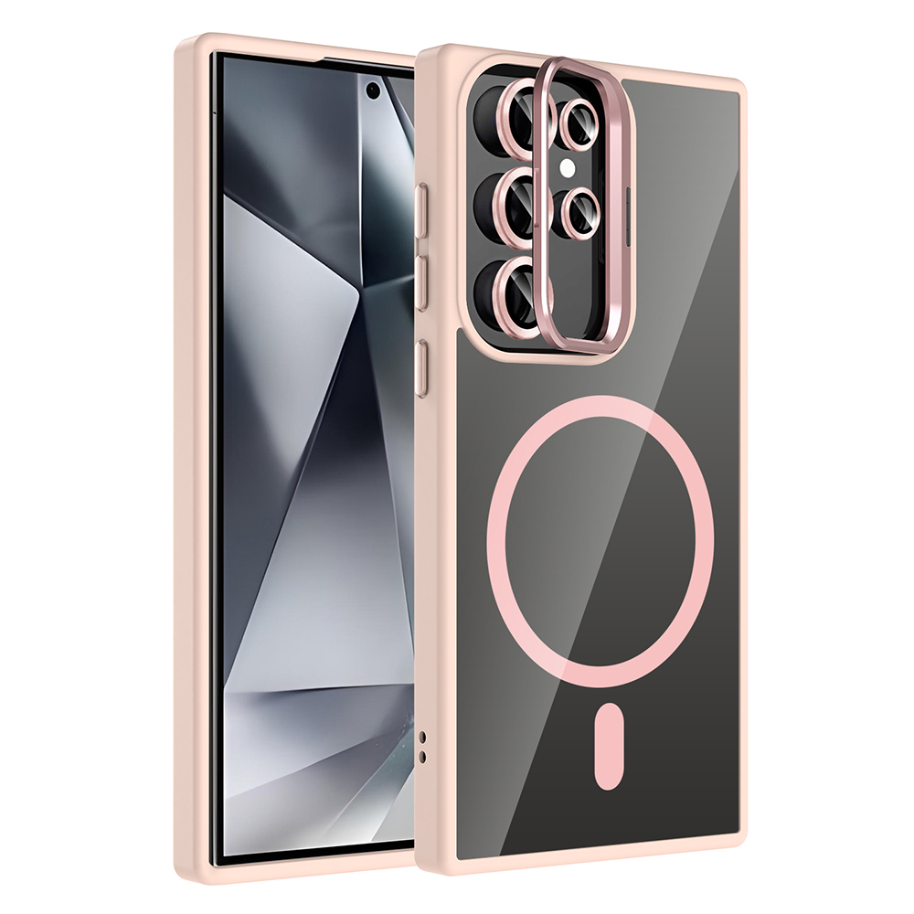 Pembe bir telefon kılıfı, şeffaf bir sırt ve pembe bir daire tasarımı ile. Tasarlandığı telefonun yanında duruyor.