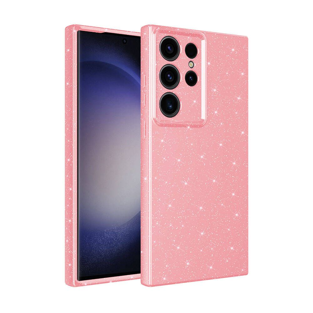 İçinde bir telefon bulunan pembe parıltılı bir telefon kılıfı. Kılıfın kamera için kesikleri var. Telefon ekranı görülebilir.