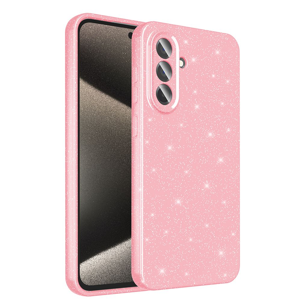 Siyah ekranlı pembe simli telefon kılıfı. Kılıfın üç kamera kesimi var. Arka plan beyaz.