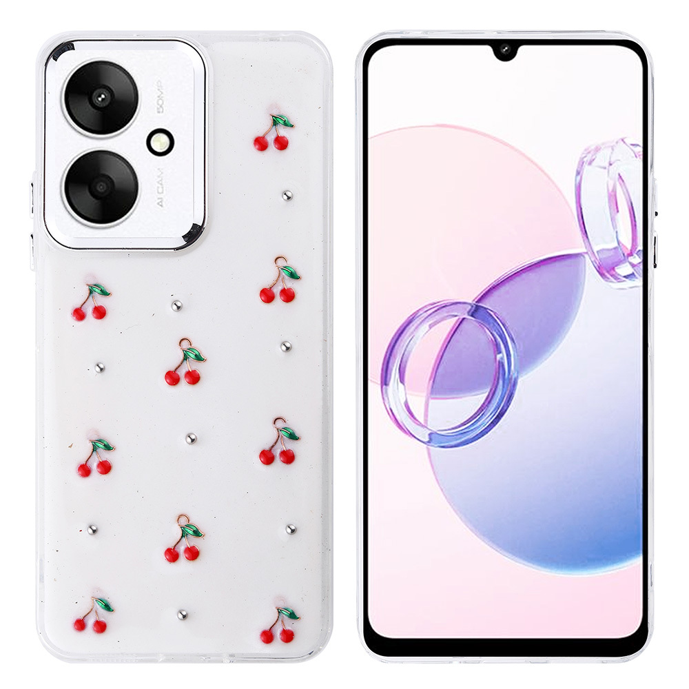 Kiraz desenli bir telefon kılıfı ve soyut şekiller gösteren ekranlı bir telefon. Her iki öğe de beyaz bir yüzey üzerinde.