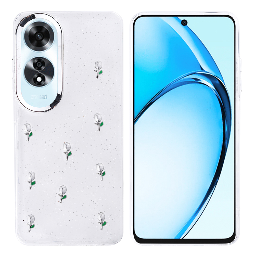 Küçük beyaz gül süslemeli bir telefon kılıfı. Ekran mavi ve beyaz bir tasarım sergiliyor.