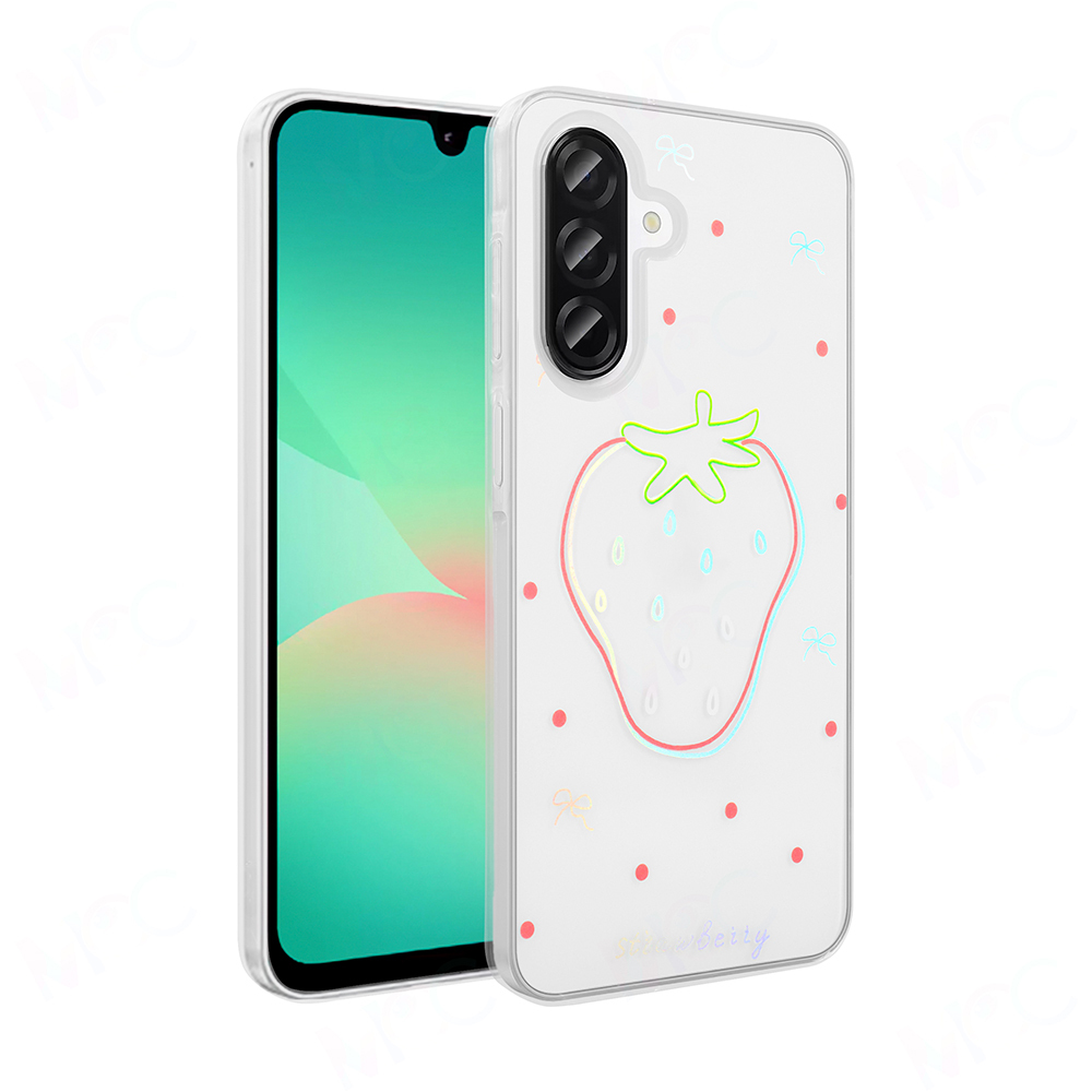 Çilek desenli şeffaf telefon kılıfı. Çilek neon renklerle çerçevelenmiş, küçük kurdeleler ve pembe noktalarla süslenmiş.