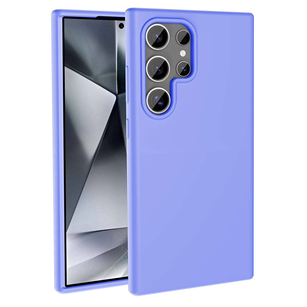 İçinde bir telefon bulunan, lavanta rengi bir telefon kılıfı. Telefonun kameraları ve bir ekranı var. Kılıf sağlam ve pürüzsüz.