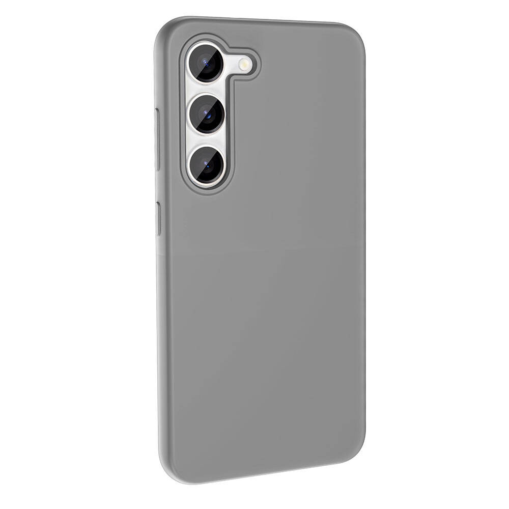 Gri bir telefon kılıfı. Üç adet dikey olarak düzenlenmiş kamera lensine sahiptir. Kılıf pürüzsüzdür ve telefonun arkasını kaplar.