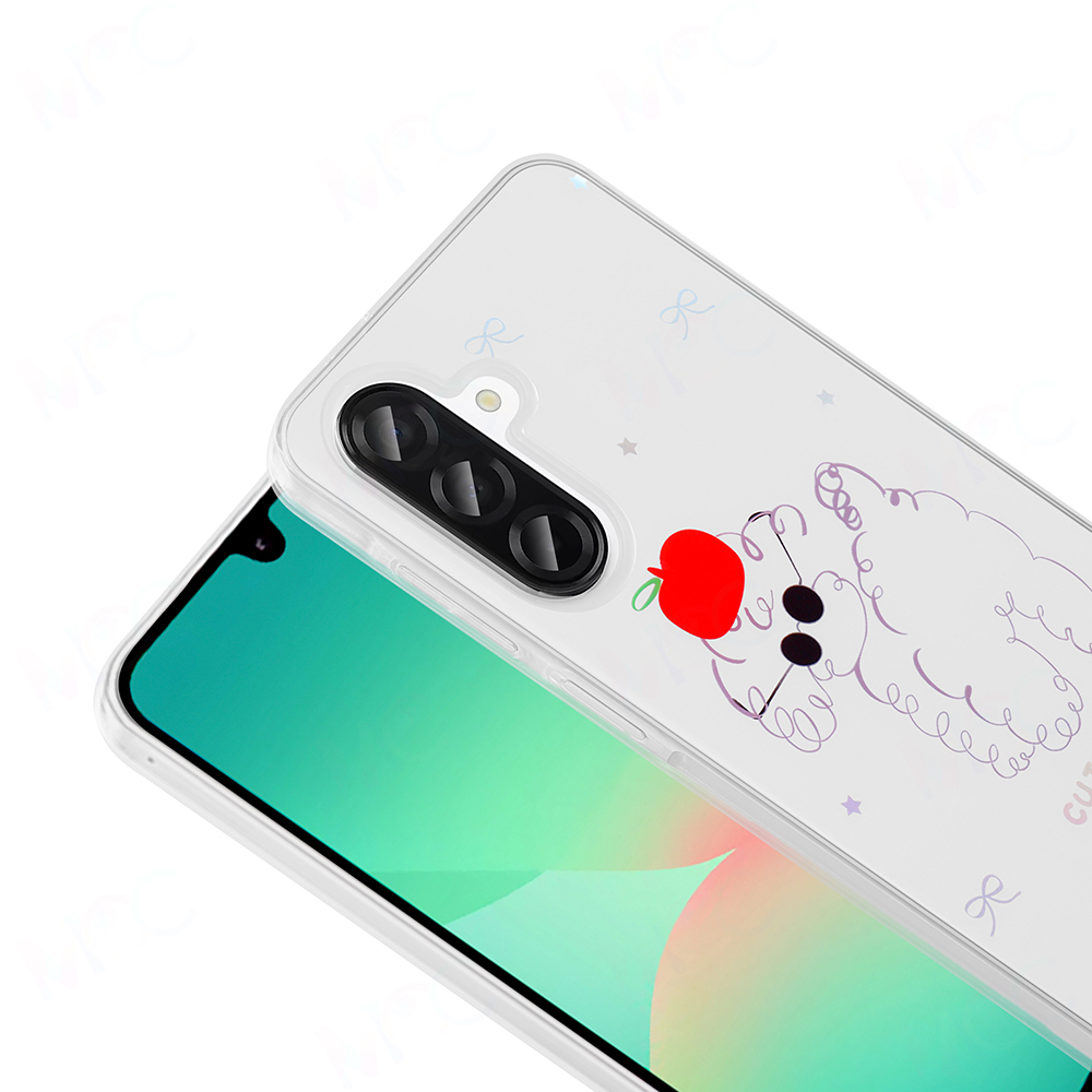 Karikatür koyun tasarımlı şeffaf bir telefon kılıfı. Koyunun kafasında kırmızı bir elma var ve telefonun ekranı yeşil.