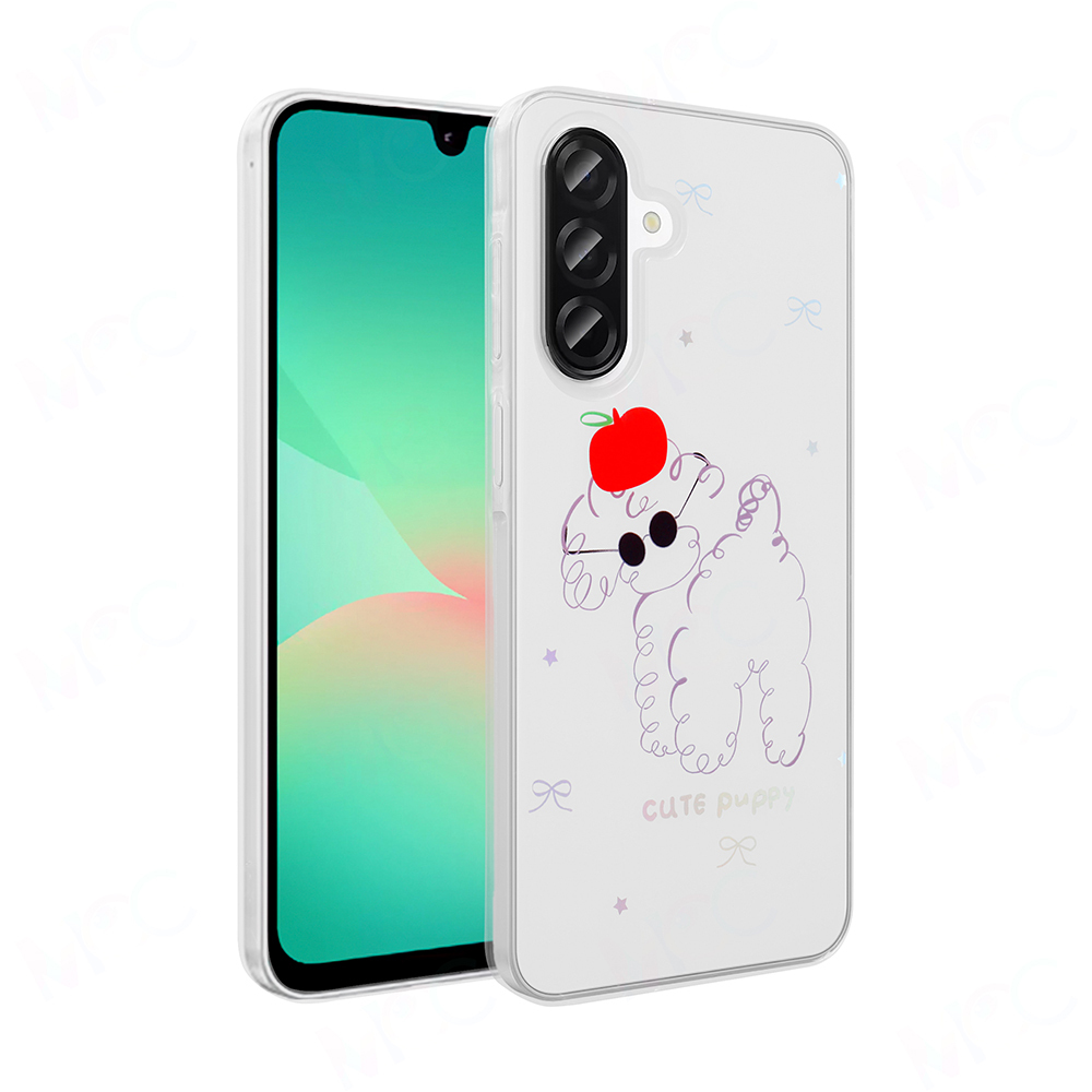 Güneş gözlüklü ve başında kırmızı elma olan karikatür bir kanişin bulunduğu şeffaf bir kılıfa sahip bir telefon.
