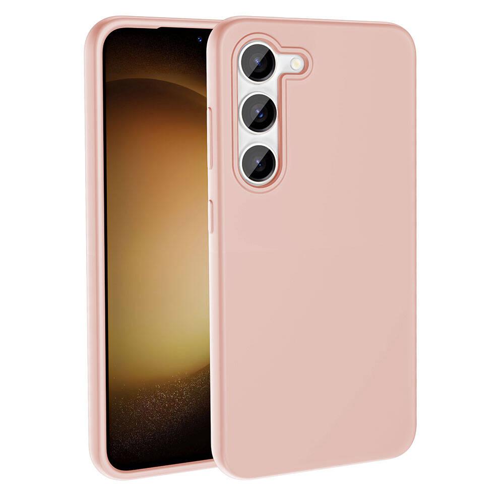 İçinde bir telefon bulunan açık pembe bir telefon kılıfı. Kılıfın üç kamera deliği ve bir düğmesi var. Telefon ekranı bulanık bir görüntü gösteriyor.