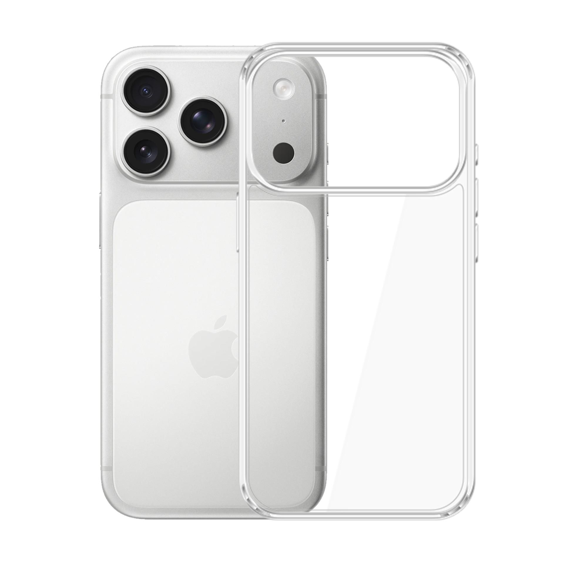 Srebrny iPhone z przezroczystym etui ochronnym. Telefon ma system trzech aparatów.