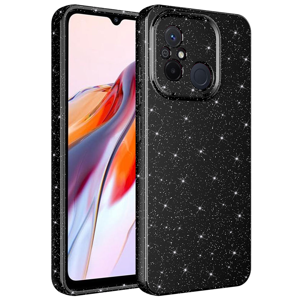 Işıltılı detaylara sahip siyah bir telefon kılıfı. Ekran, renkli soyut bir görüntü gösteriyor. Kılıfın kamera kesikleri var.