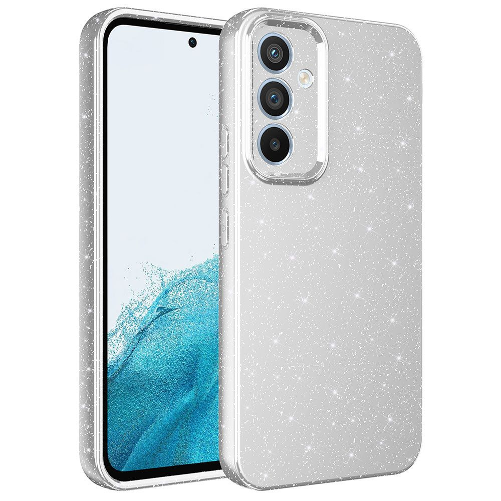 Gümüş simli bir telefon kılıfı ve bir telefon görüntüleniyor. Telefondaki ekranda mavi ve beyaz bir görüntü var.