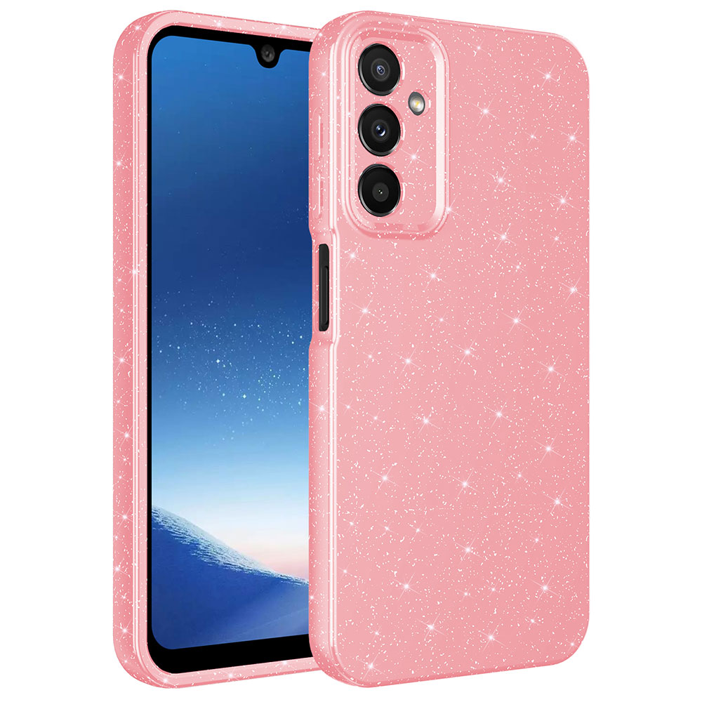 Pembe telefon kılıfı, parıltılı ve içinde bir telefon var. Kılıf parlak ve ışıltılı görünüyor. Telefon ekranı görünür.