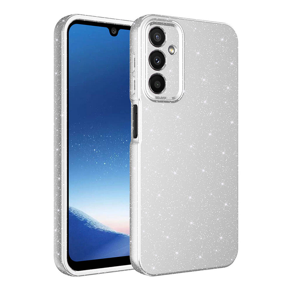 İçinde bir telefon bulunan gümüş renkli bir telefon kılıfı. Telefonun ekranında mavi, yıldızlı bir gökyüzü görülüyor. Kılıfın üç kamerası var.