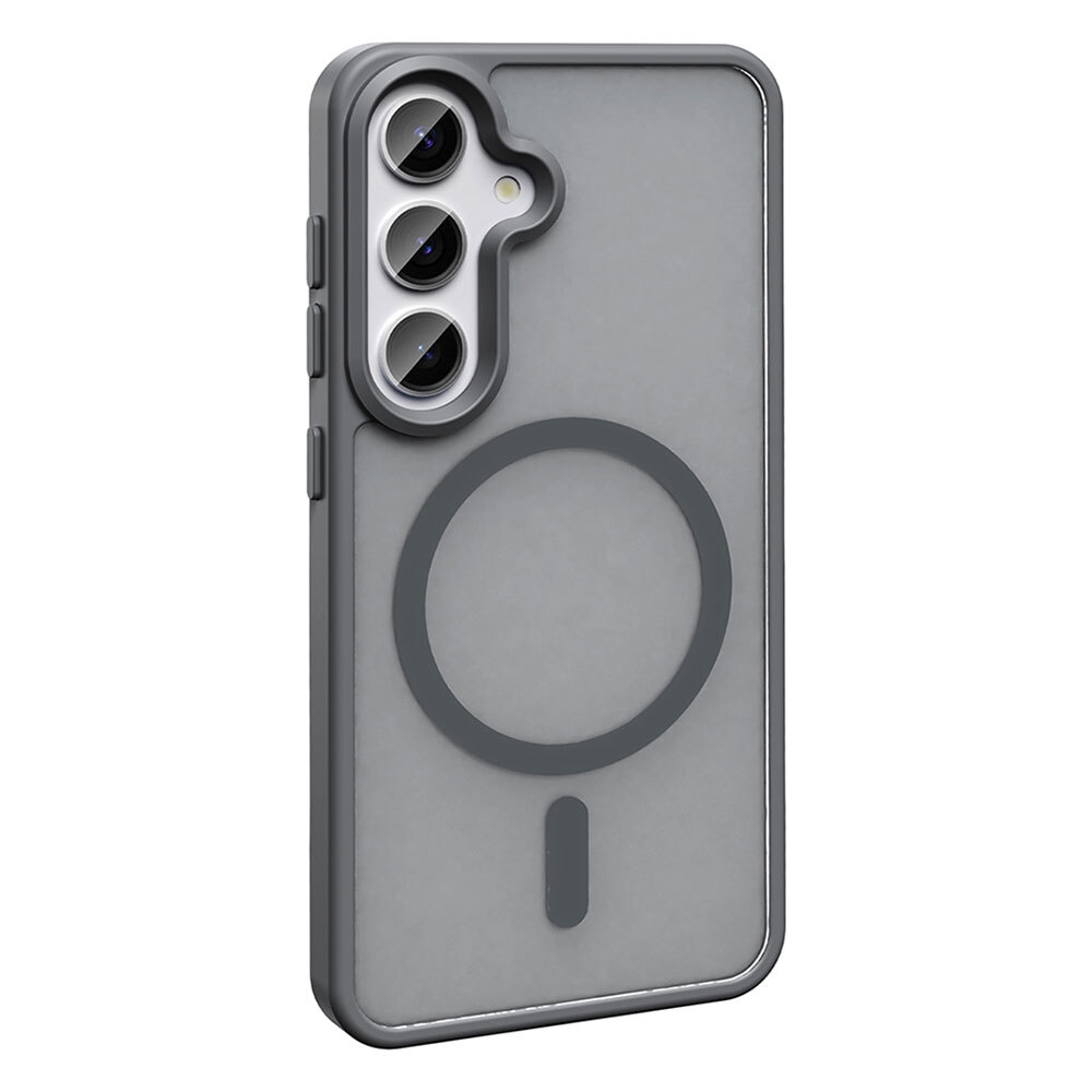Kamera kesimi, dairesel tasarım ve dikey çizgiye sahip gri bir telefon kılıfı. Kılıfın koyu gri bir çerçevesi var.
