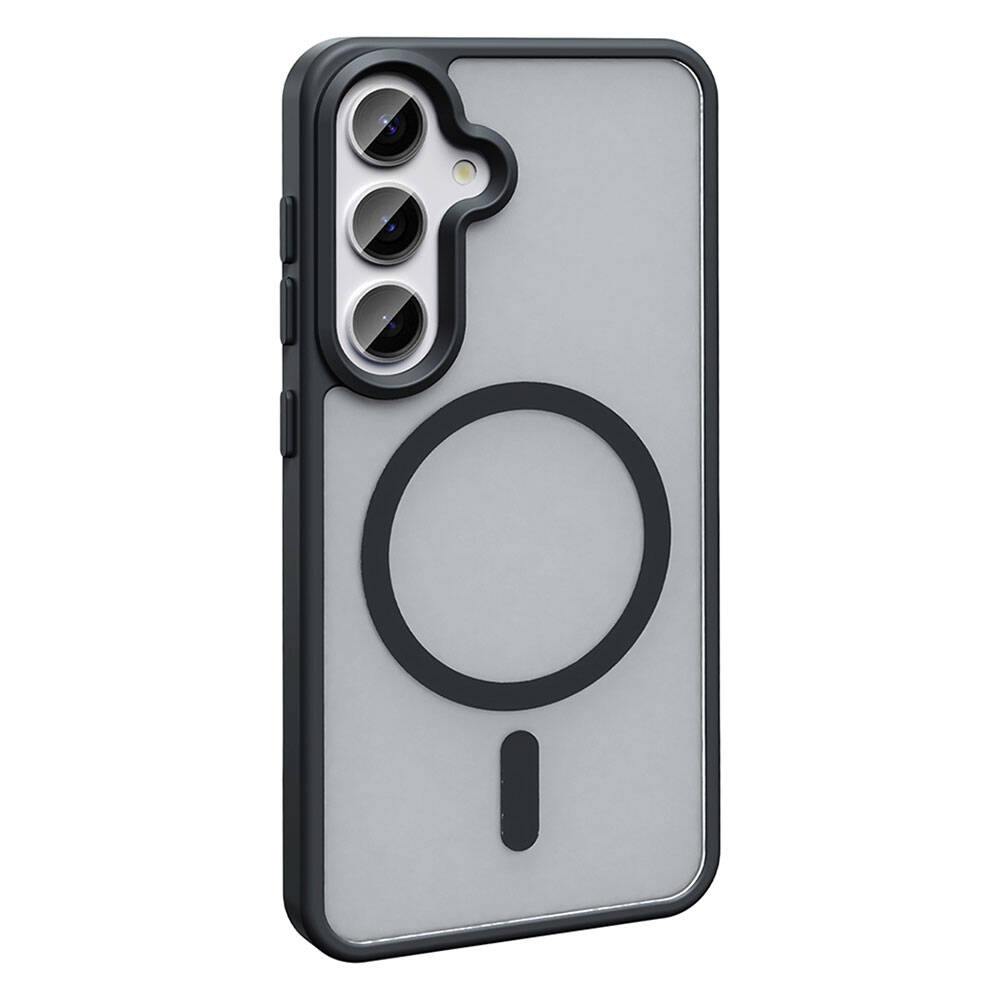 Kamera kesiklerine sahip telefon kılıfı, siyah çerçeve, gri arka ve kablosuz şarj için siyah halka ve çizgi detayları.
