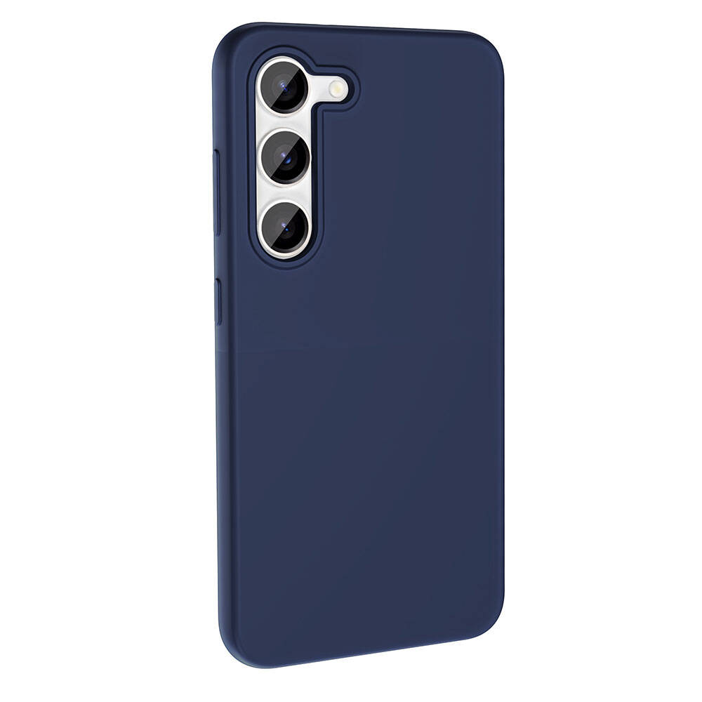 Dikey olarak düzenlenmiş üç kamera lensli, koyu mavi bir telefon kılıfı. Arka plan beyaz.