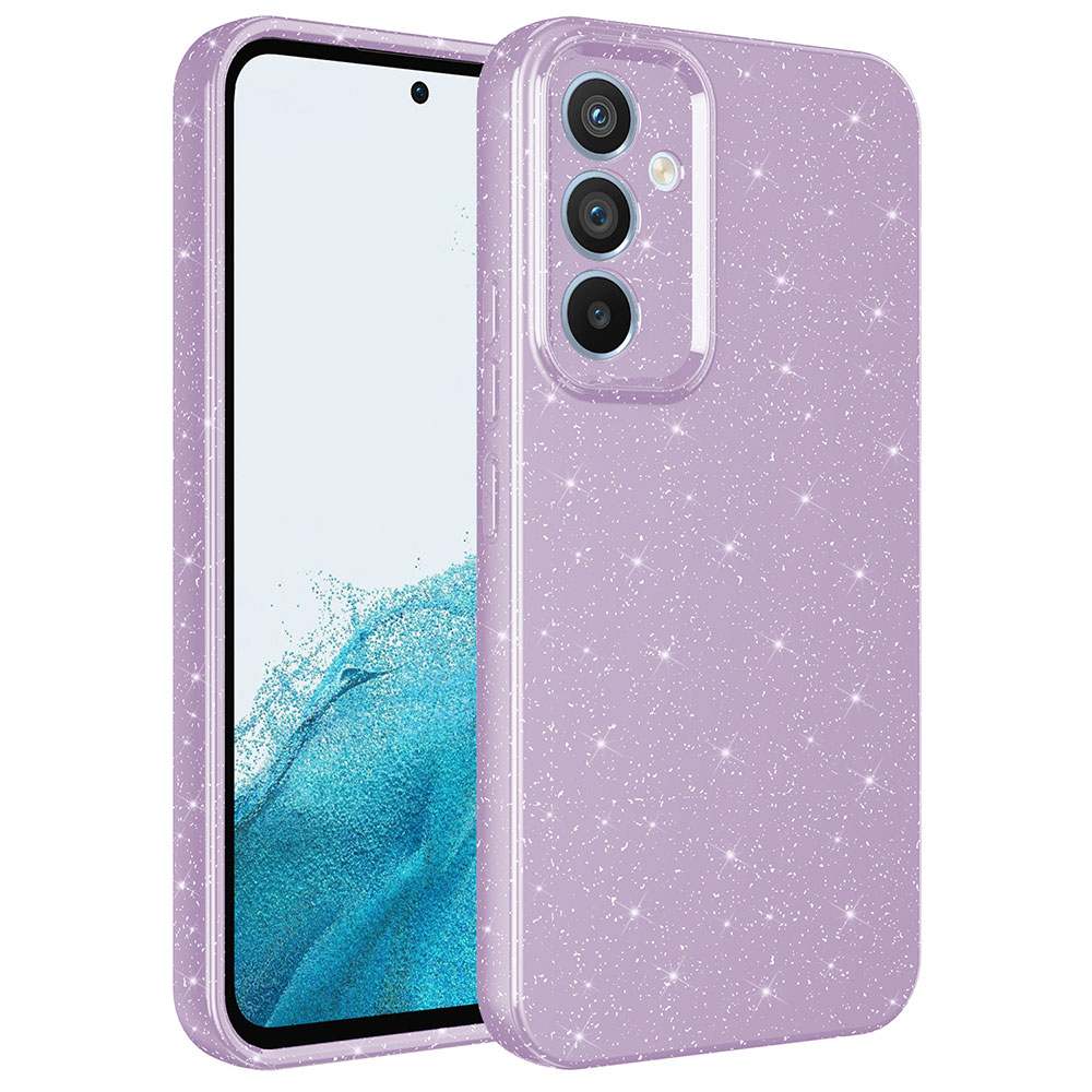 Siyah ekranlı bir telefonun yanında, parıltılı mor bir telefon kılıfı gösteriliyor. Kılıfın kamera açıklıkları ve parlak bir yüzeyi var.