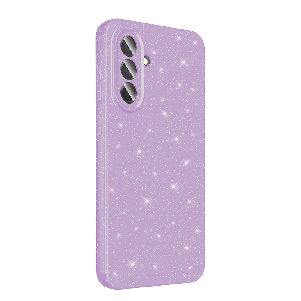 Glitterli bir lavanta telefon kılıfı. Üç kamera deliği ve bir flaşı var. Kılıf hafifçe sola doğru eğik.