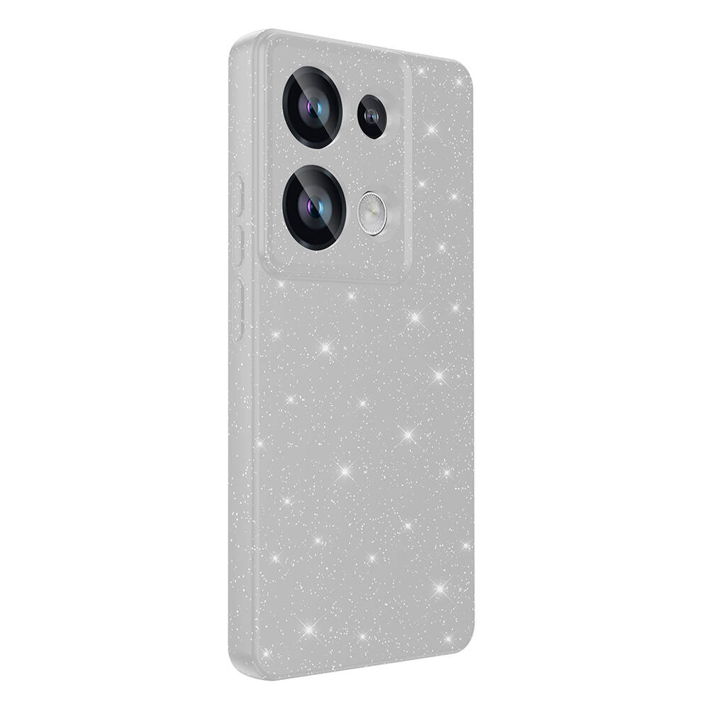 Işıltılı desenli, açık gri bir telefon kılıfı. Çoklu lensler ve flaş için kamera açıklıklarına sahip.