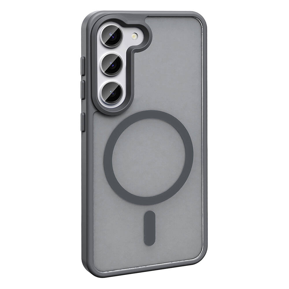 Kamera kesimi, manyetik bir çember ve dikey bir çubuk bulunan gri bir telefon kılıfı. Koyu gri kenarları ve düğmeleri var.