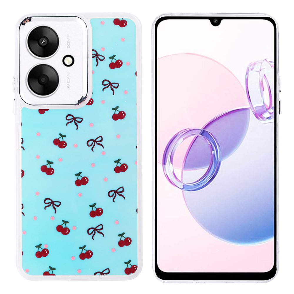 Mavi kiraz desenli kılıflı bir telefon, soyut tasarımlar gösteren ekranlara sahip şeffaf kılıflı bir telefonun yanında.