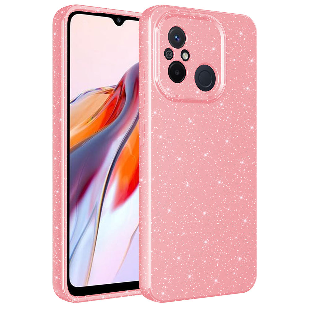 İçinde bir telefon bulunan pembe, ışıltılı bir telefon kılıfı. Kılıfın kamera ve düğmeler için kesikleri var. Telefonun ekranı görünüyor.