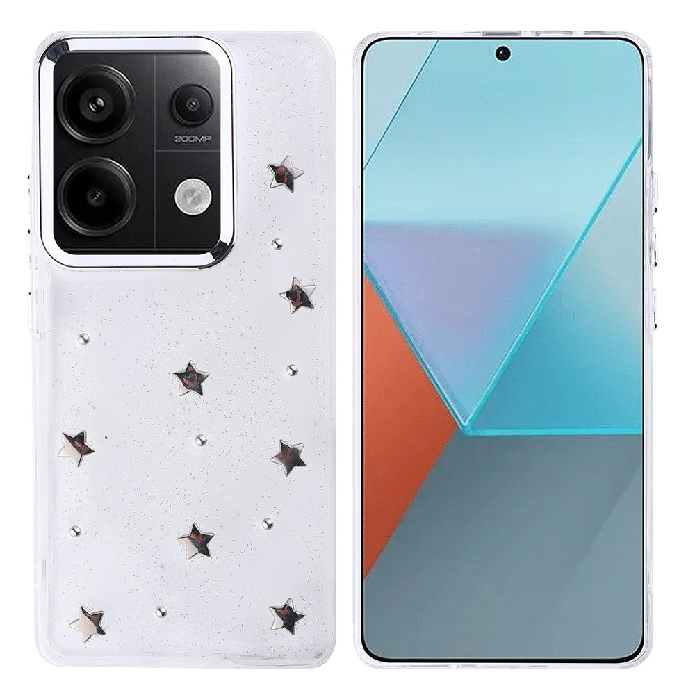 Yıldızlarla süslenmiş şeffaf bir kılıfa sahip bir akıllı telefon. Ekran renkli geometrik şekiller gösteriyor. Kamera görünür durumda.