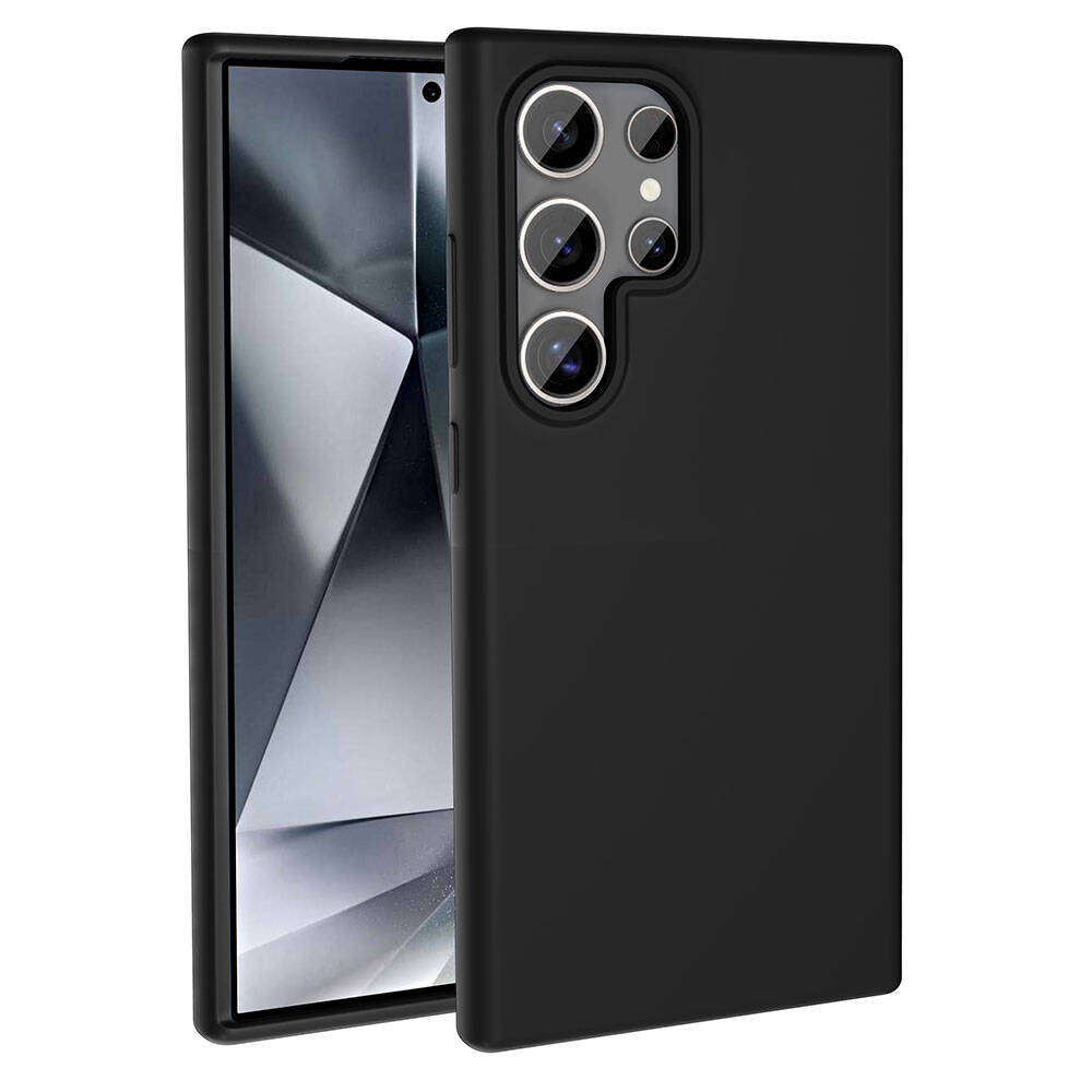 İçinde bir telefon bulunan siyah bir telefon kılıfı, kılıfın birden fazla kamera deliği var. Telefon ekranında geometrik bir desen gösteriyor.