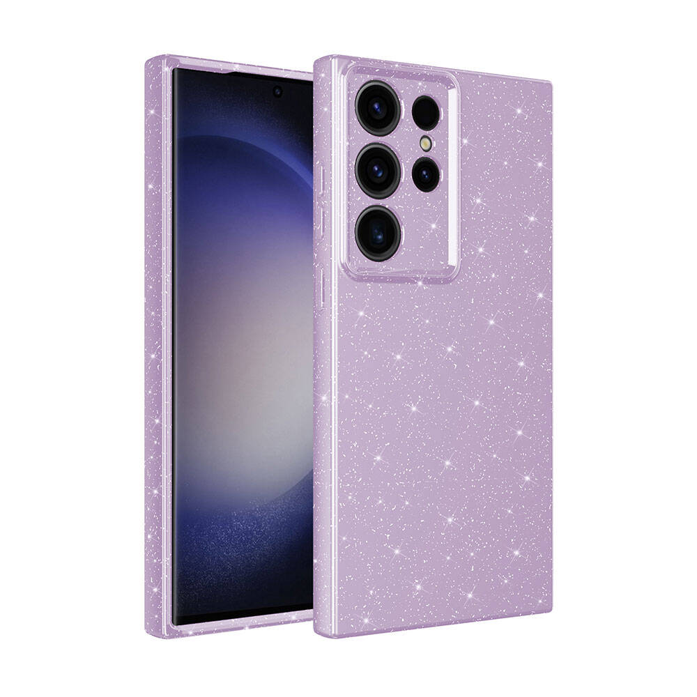 Glitterli lavanta renkli bir telefon kılıfı. Kılıfın içinde bir telefon var. Kılıfın kamera açıklıkları var.