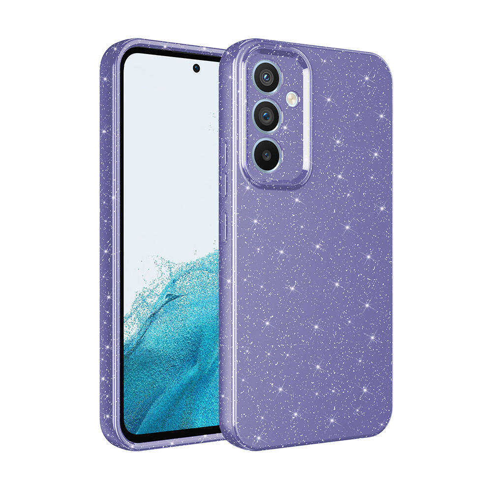 İki mor telefon kılıfı, parıltı detaylı. Biri bir telefonu tutuyor. Diğerinde bir kamera modülü görünür.