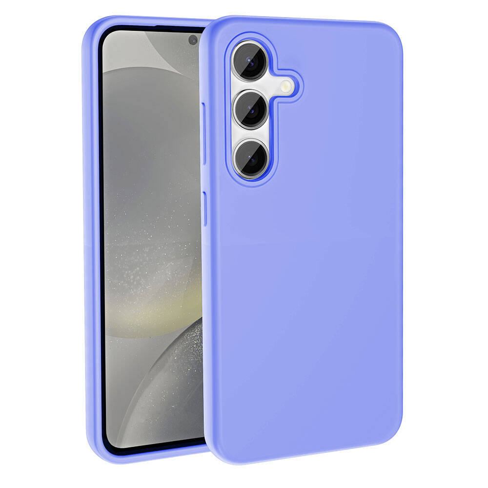 Açık mor bir telefon kılıfı ve bir telefon. Telefon kılıfında kamera ve düğmeler için kesikler var. Ekranda bulanık bir görüntü gösteriliyor.