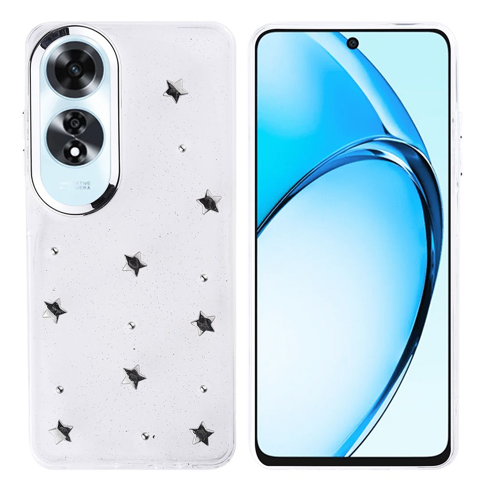 Telefonun yanında, yıldız desenli, ışıltılı bir kılıf ve su benzeri mavi bir arka plan gösteren telefon ekranı.