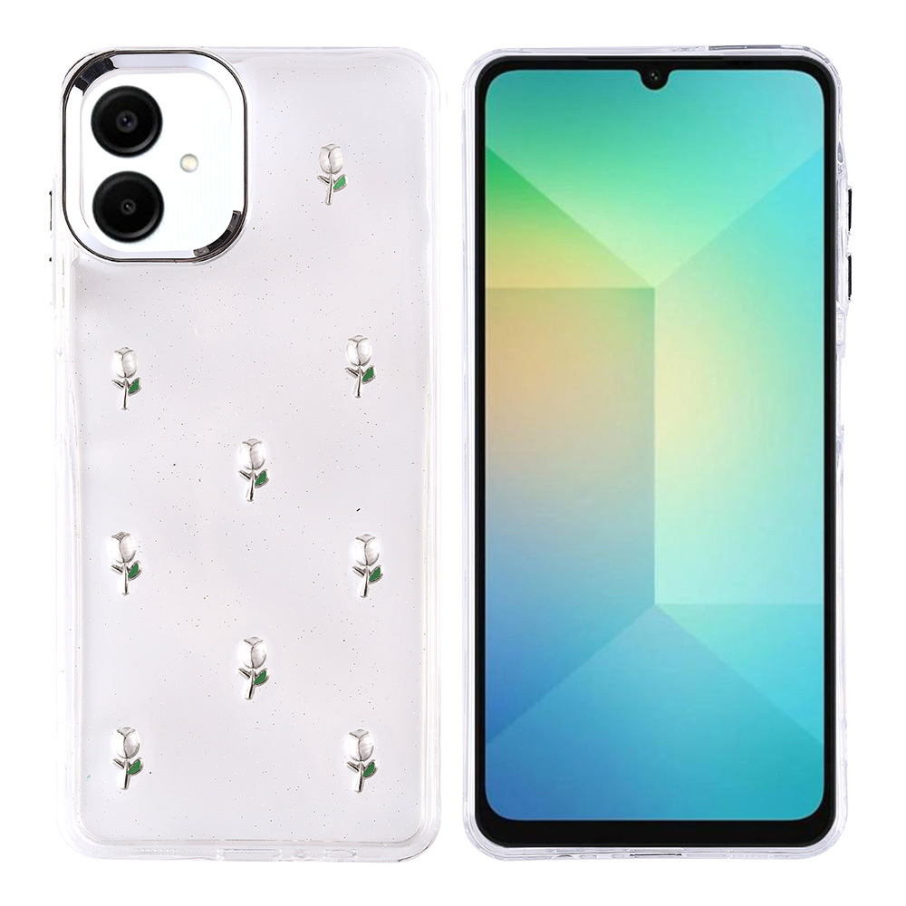 Renkli ekranlı bir akıllı telefonun yanında küçük gül desenli bir telefon kılıfı.