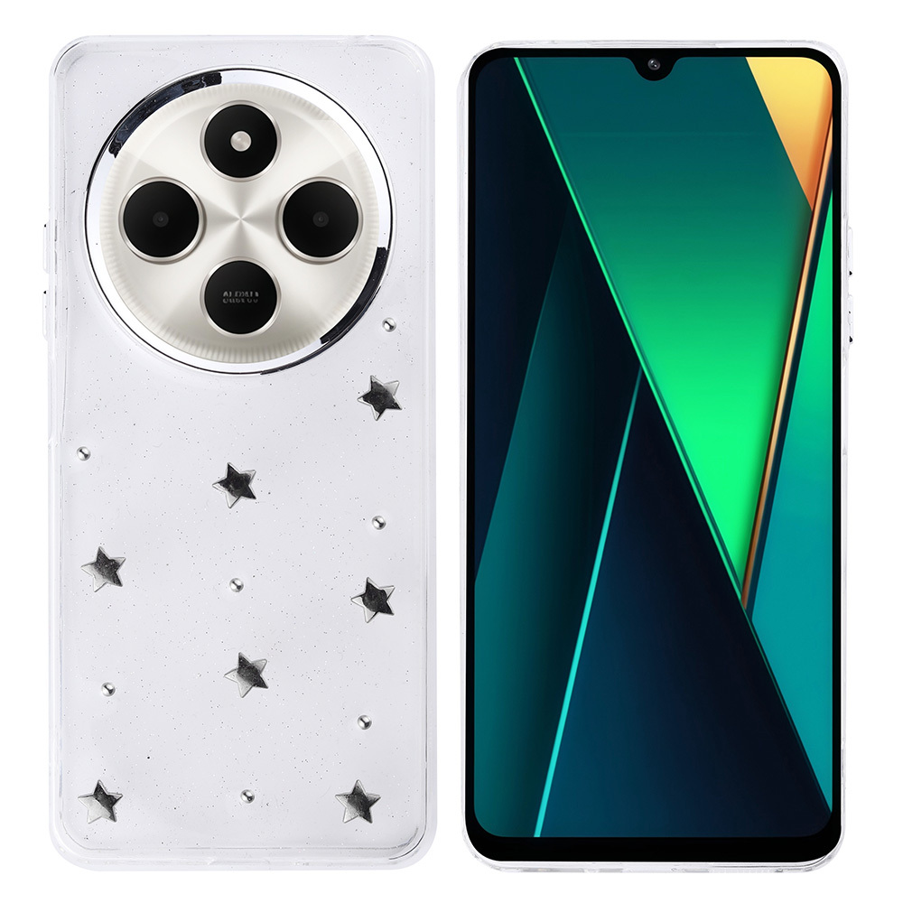 Yıldız desenli kılıflı bir telefon. Ekran, yeşil ve mavi bir tasarım gösteriyor. Kılıfın gümüş renkli bir kamera modülü var.